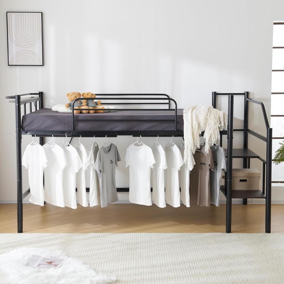 ロフトベッド 宮棚 パイプベッド 階段 耐荷重150kg セミダブル(ブラック)