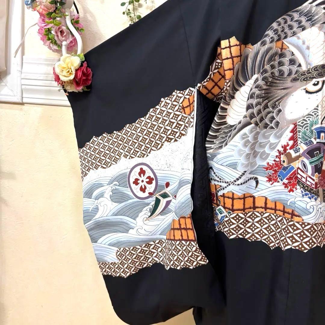 美品‼️七五三 五歳‼️人気の黒地に鷹 太鼓 金彩煌びやか❤️完全フルセット