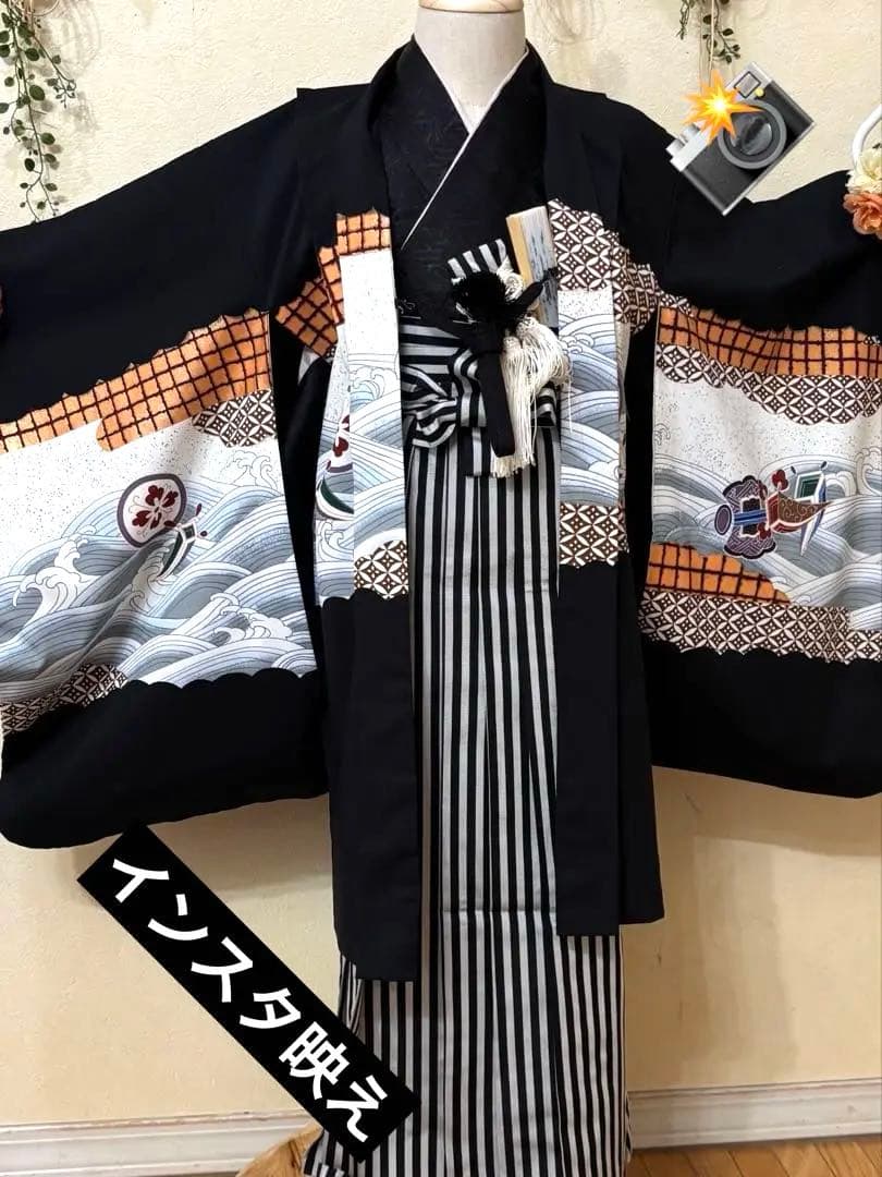 美品‼️七五三 五歳‼️人気の黒地に鷹 太鼓 金彩煌びやか❤️完全フルセット