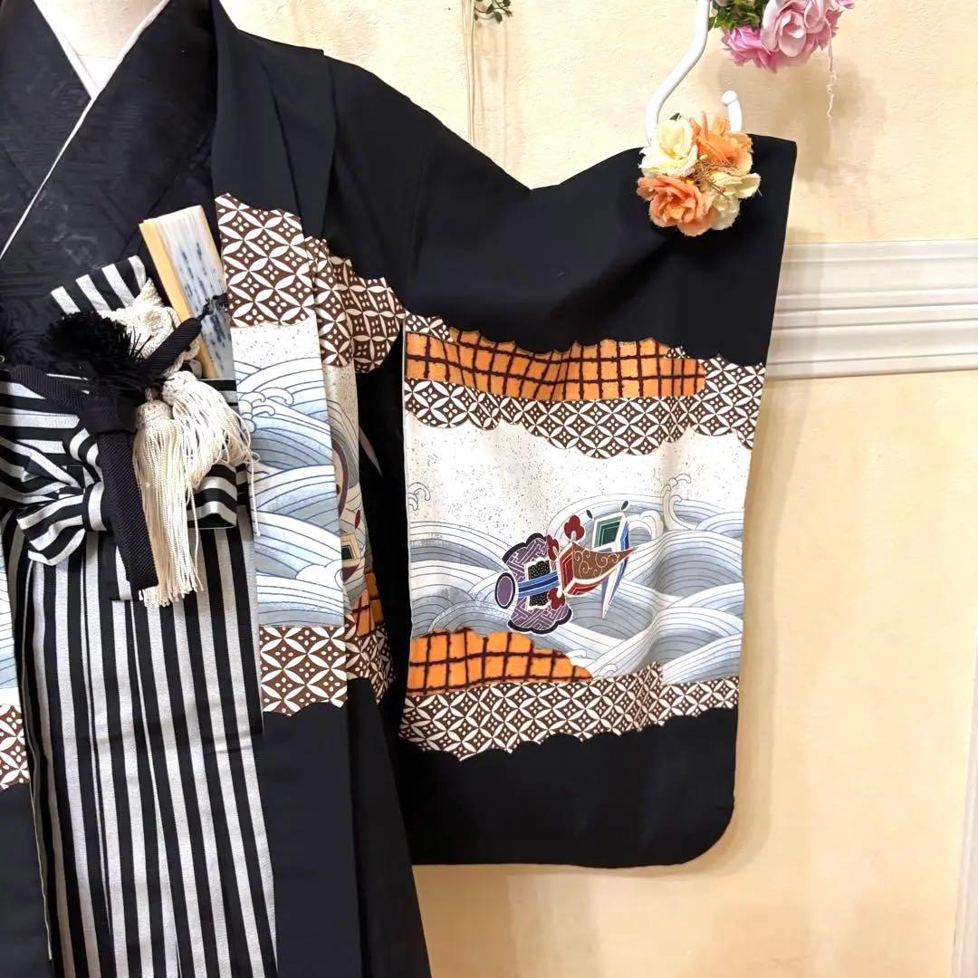 美品‼️七五三 五歳‼️人気の黒地に鷹 太鼓 金彩煌びやか❤️完全フルセット