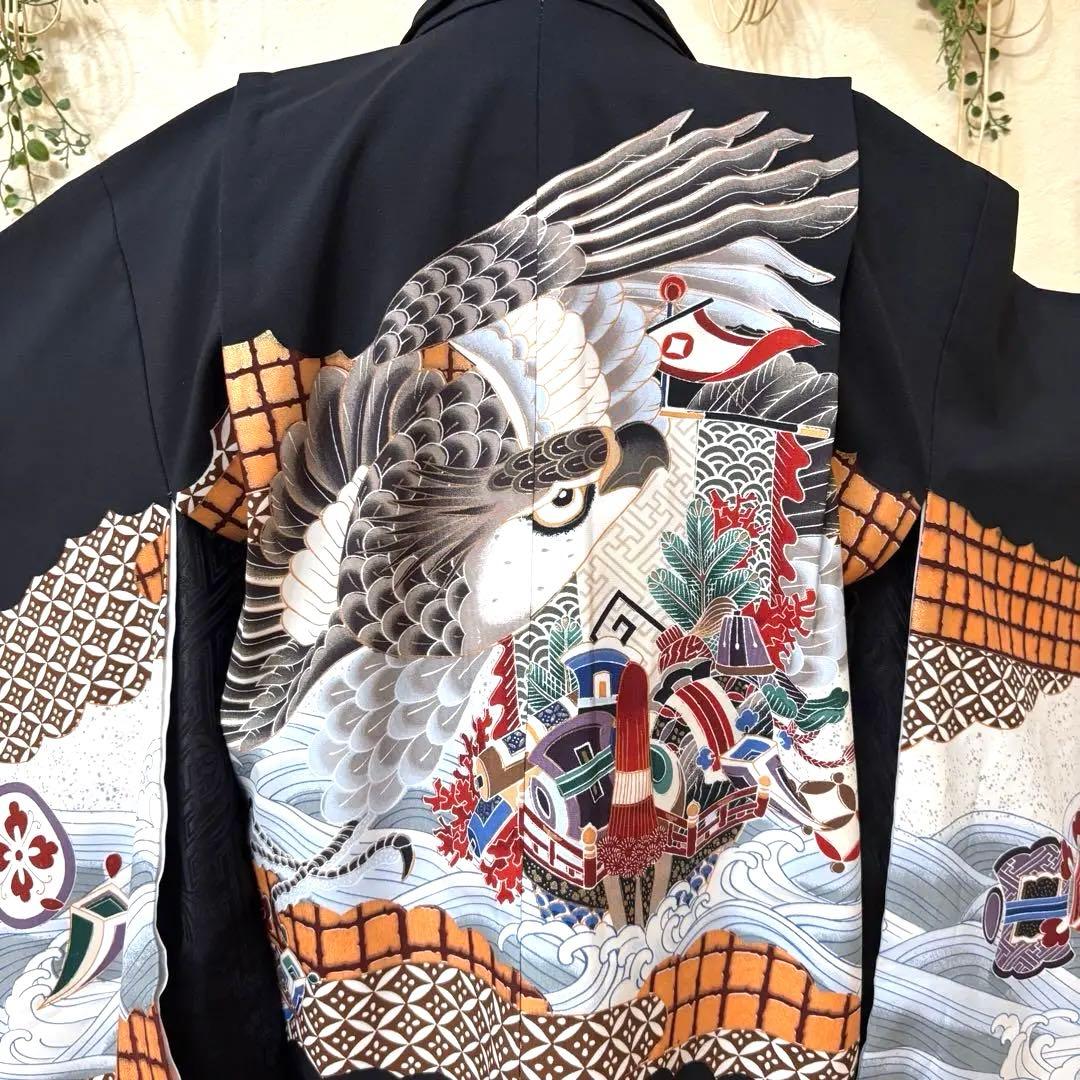 美品‼️七五三 五歳‼️人気の黒地に鷹 太鼓 金彩煌びやか❤️完全フルセット