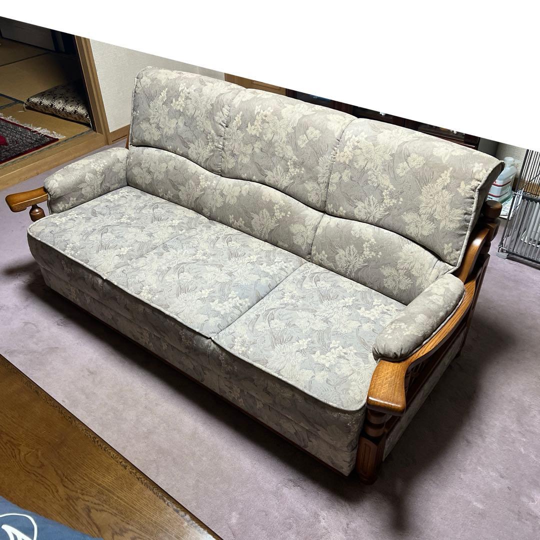 【昭和レトロ】花柄布製3人掛けソファ【アンティーク家具】