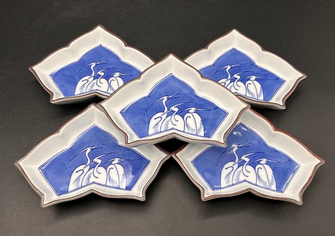 【希少】有田焼　宮内庁御用達 辻常陸 辻製　三鷺文絵変形皿　5枚