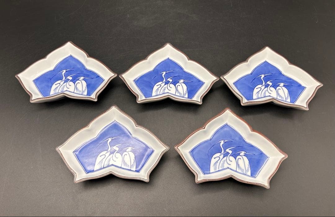 【希少】有田焼　宮内庁御用達 辻常陸 辻製　三鷺文絵変形皿　5枚