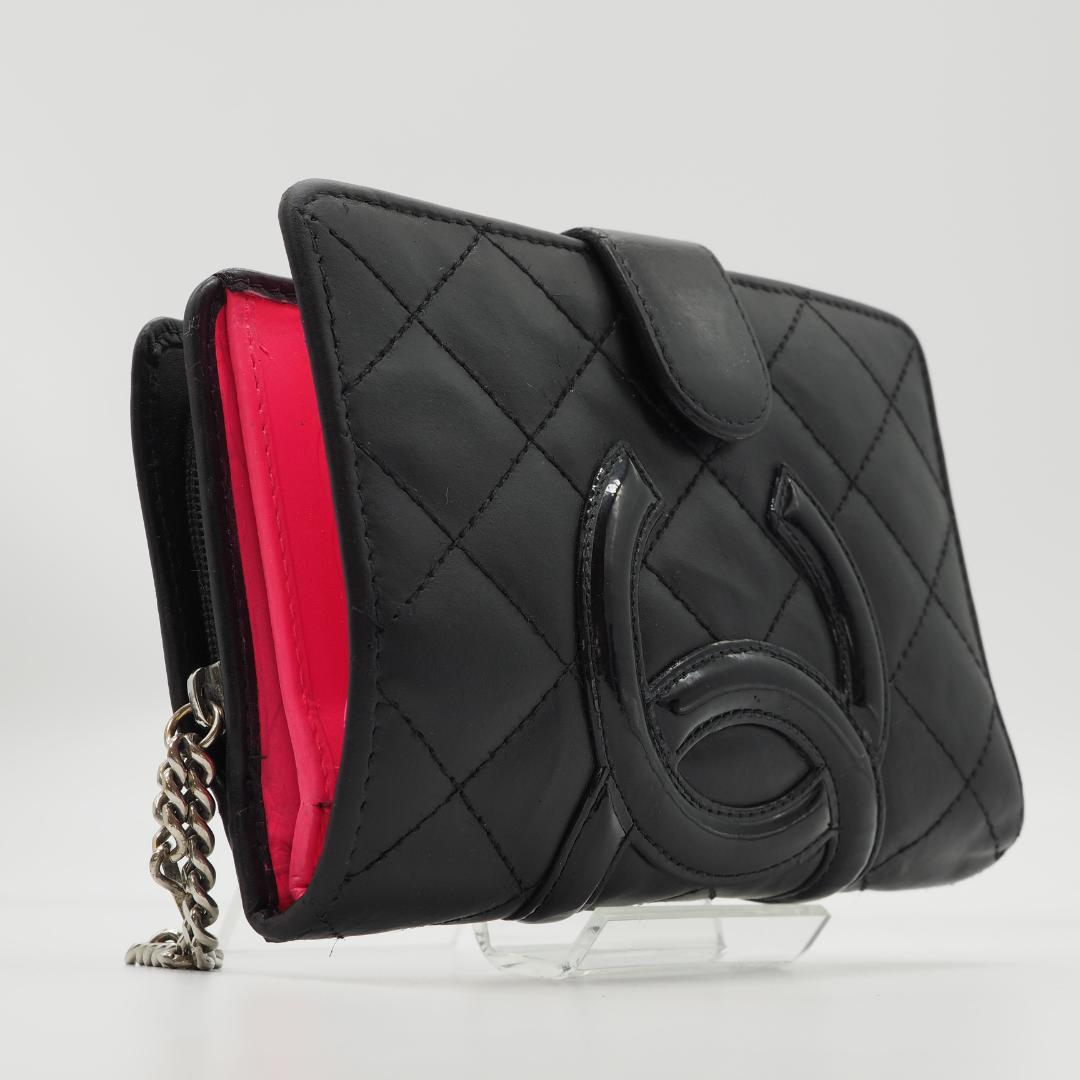 CHANEL シャネル カンボンライン ミドル 2つ折り財布 黒×ピンク