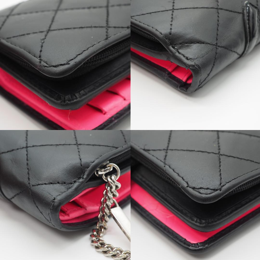 CHANEL シャネル カンボンライン ミドル 2つ折り財布 黒×ピンク