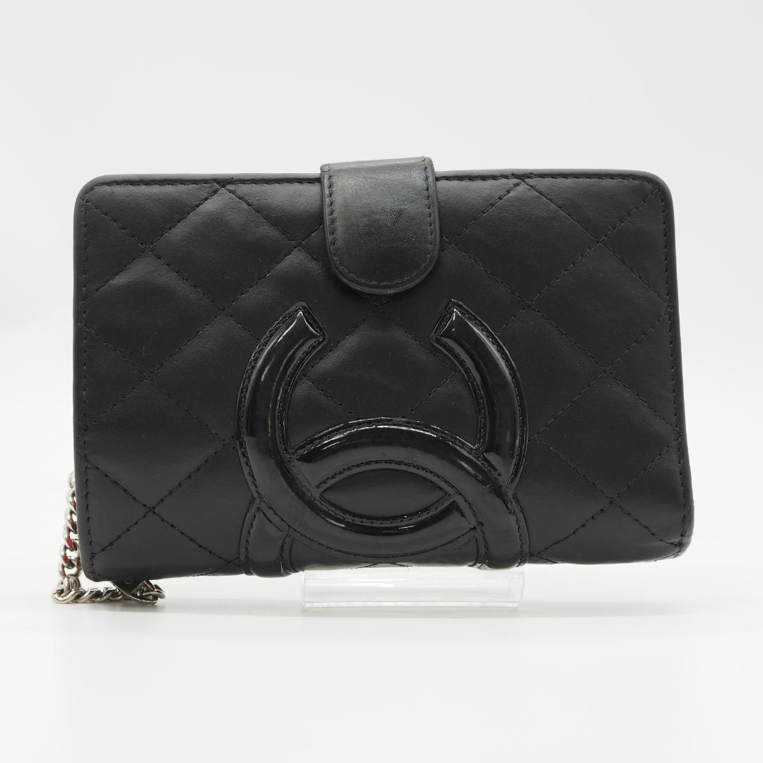 CHANEL シャネル カンボンライン ミドル 2つ折り財布 黒×ピンク