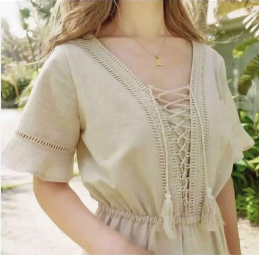 良品　Glam Lips レースアップデザインオールインワン　コットンリネン