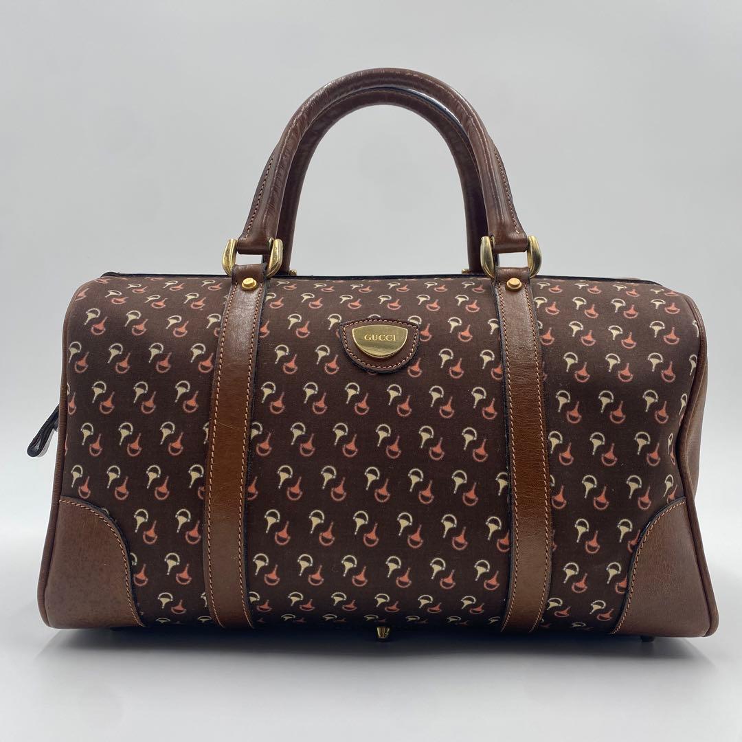 美品 オールドグッチ ミニボストンバッグ レザー ホースビット柄 ブラウン 茶色