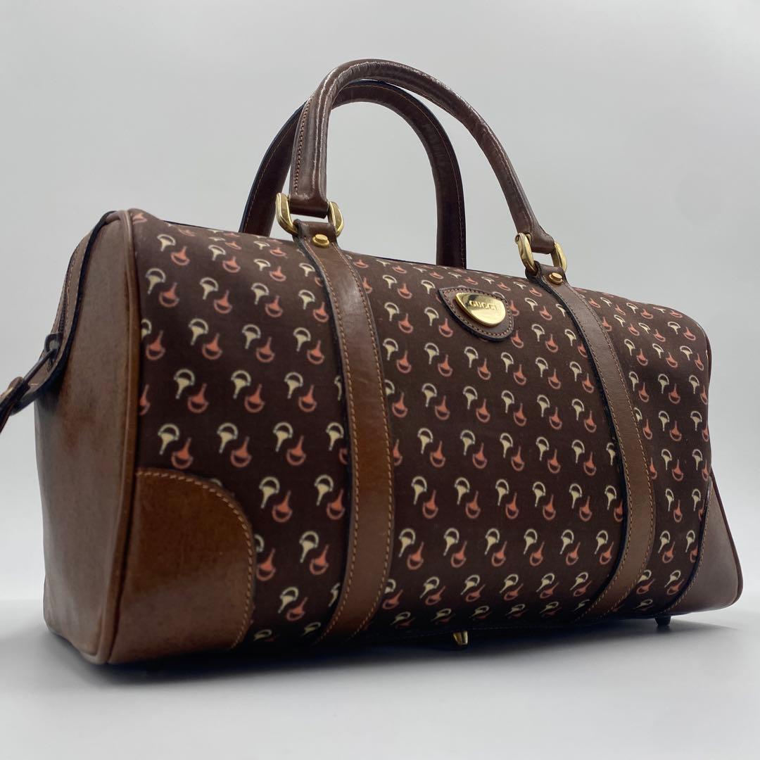 美品 オールドグッチ ミニボストンバッグ レザー ホースビット柄 ブラウン 茶色