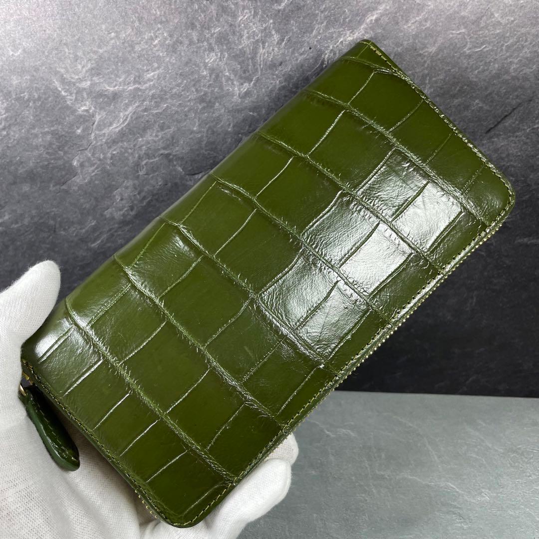 新品 クロコダイル 長財布 グリーン オリーブ 緑色 現物撮影 ゴールド