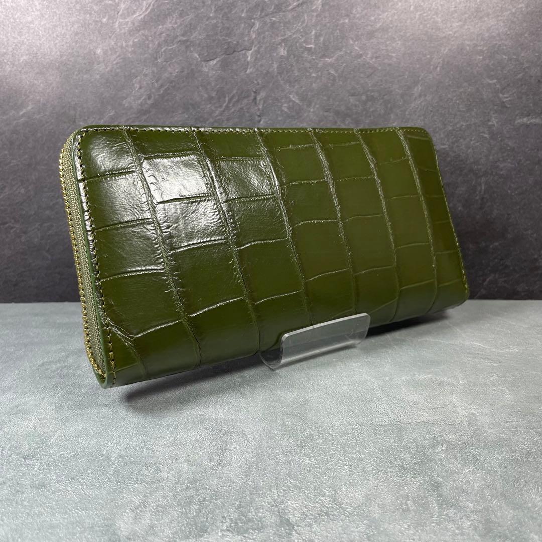 新品 クロコダイル 長財布 グリーン オリーブ 緑色 現物撮影 ゴールド
