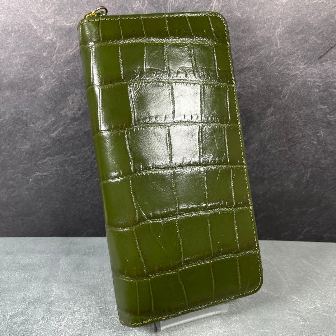 新品 クロコダイル 長財布 グリーン オリーブ 緑色 現物撮影 ゴールド