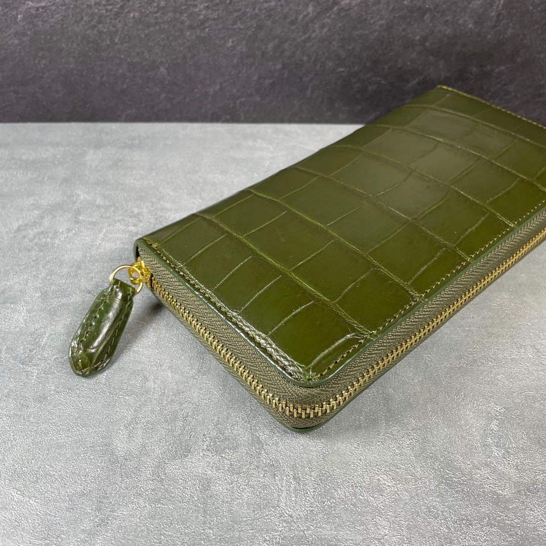 新品 クロコダイル 長財布 グリーン オリーブ 緑色 現物撮影 ゴールド