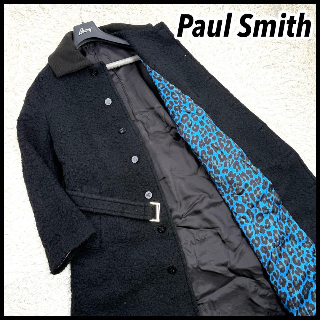 【現行美品】ポールスミス レオパード ボア ベルト付きウールロングコート L 黒