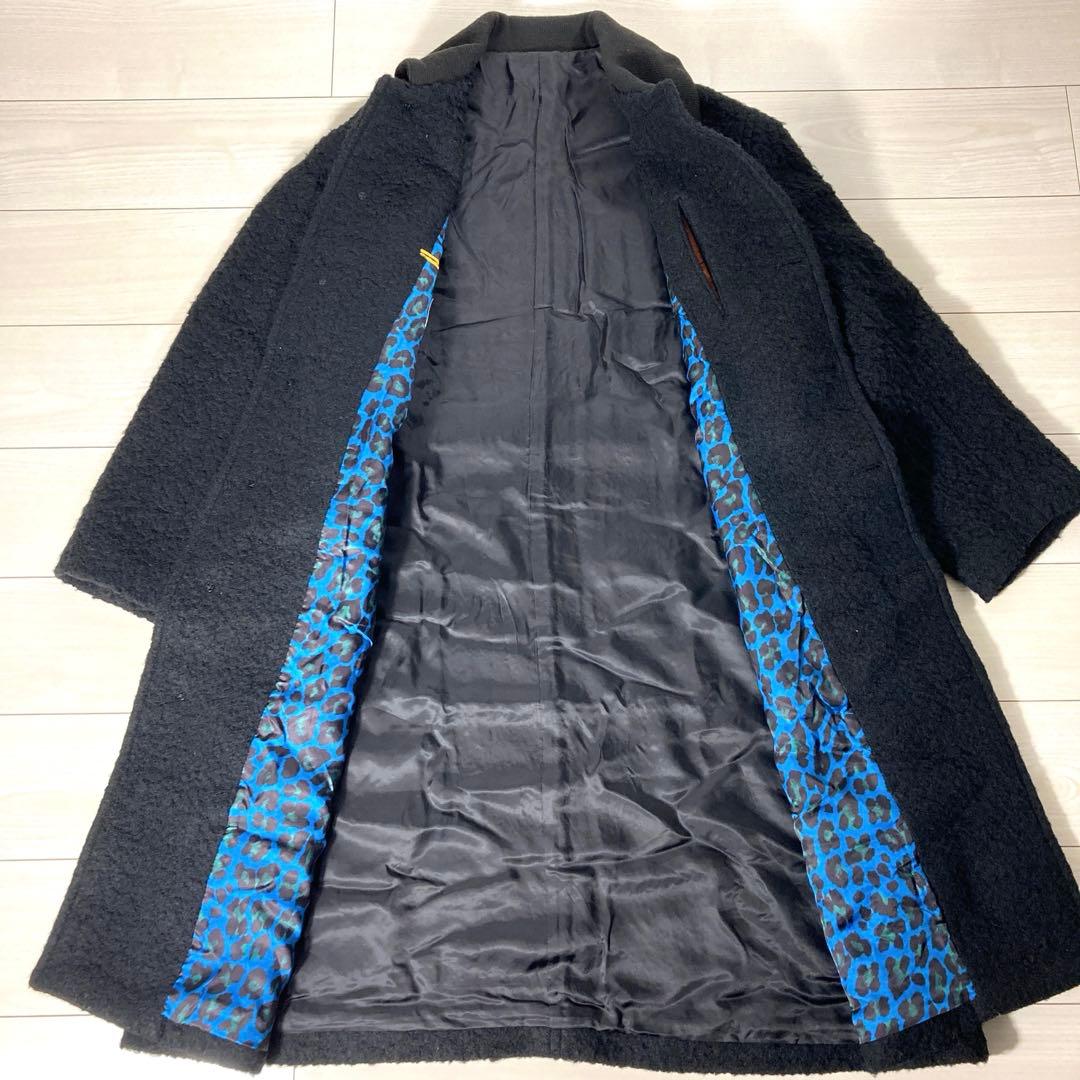 【現行美品】ポールスミス レオパード ボア ベルト付きウールロングコート L 黒