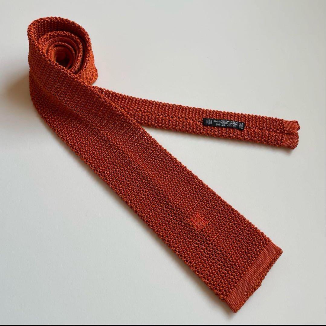 HERMES エルメス H刺繍シルクニットタイ オレンジ　ネクタイ