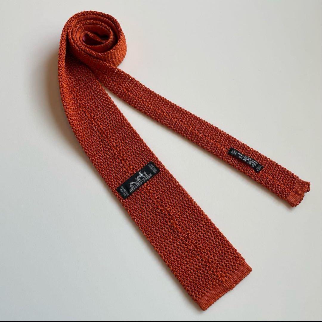 HERMES エルメス H刺繍シルクニットタイ オレンジ　ネクタイ