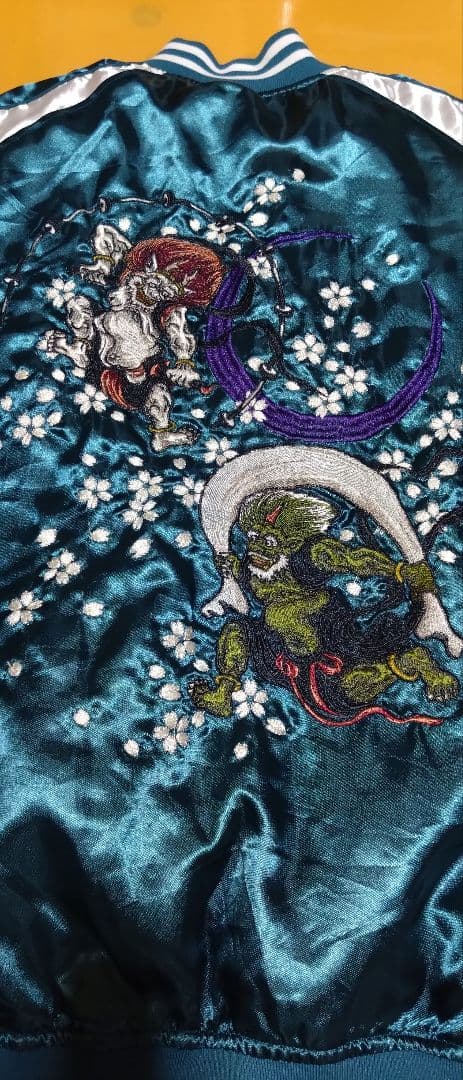 一心如鏡 スカジャン 風神雷神 刺繍 桜 月 和柄 サテン ブルーグリーン 5L