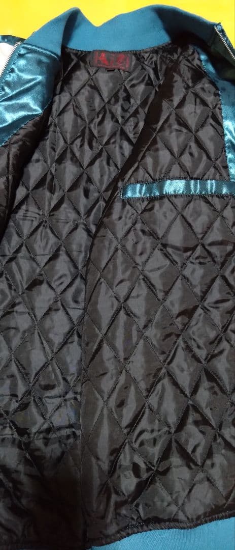 一心如鏡 スカジャン 風神雷神 刺繍 桜 月 和柄 サテン ブルーグリーン 5L