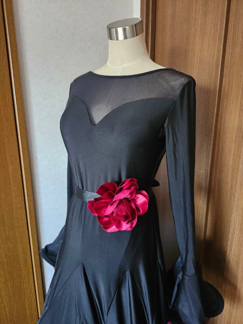 社交ダンス ロングドレス パーティー スタンダード ミニデモ 黒✕‬赤 XL