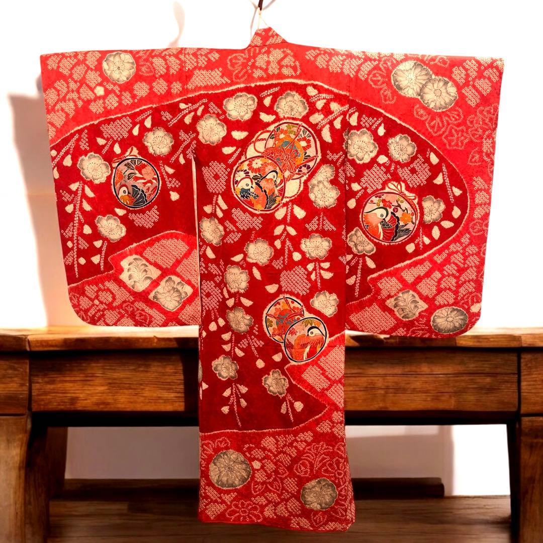 七五三 着物 7歳 女の子 正絹 本絞り 手描き友禅 古典柄 赤 祝い着