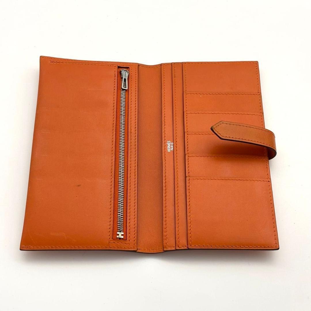 【美品】エルメス ベアン クラシック ボックスカーフ 二つ折り 長財布 オレンジ