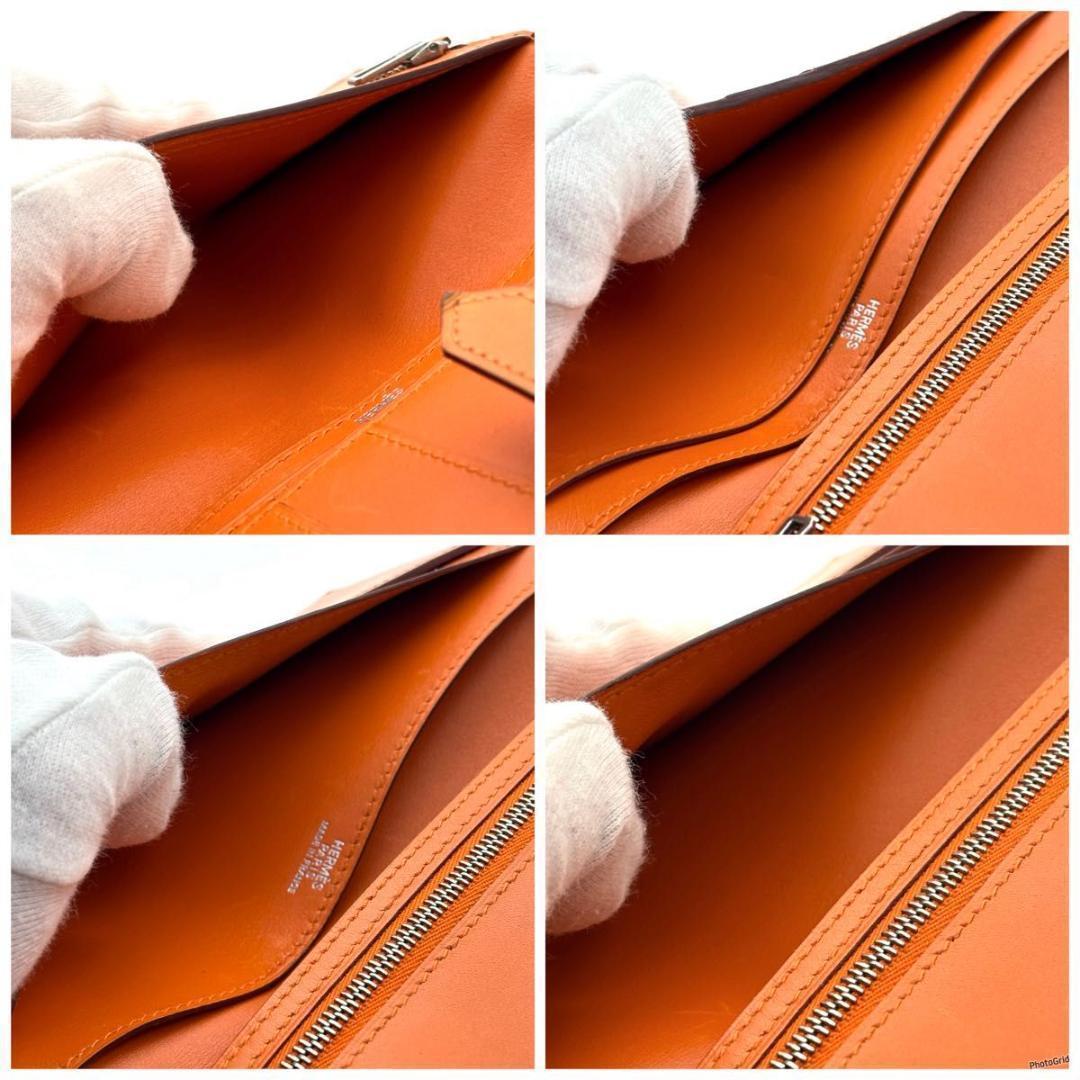 【美品】エルメス ベアン クラシック ボックスカーフ 二つ折り 長財布 オレンジ