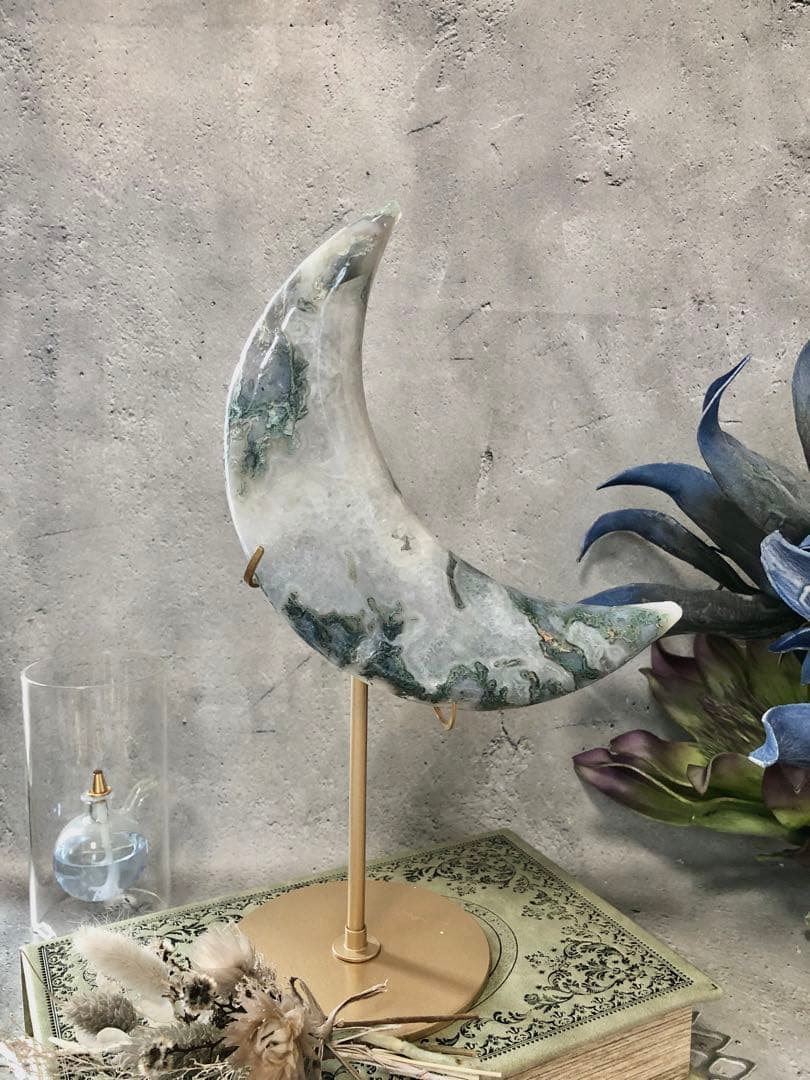 超ビッグ　モスアゲート　ビッグ　ムーン　月　スタンド付き　ジオードあり