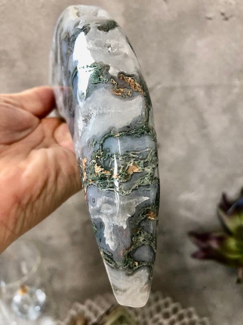 超ビッグ　モスアゲート　ビッグ　ムーン　月　スタンド付き　ジオードあり