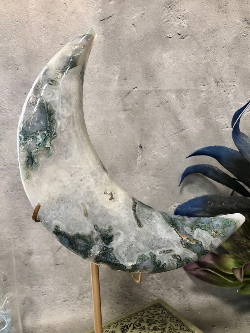 超ビッグ　モスアゲート　ビッグ　ムーン　月　スタンド付き　ジオードあり