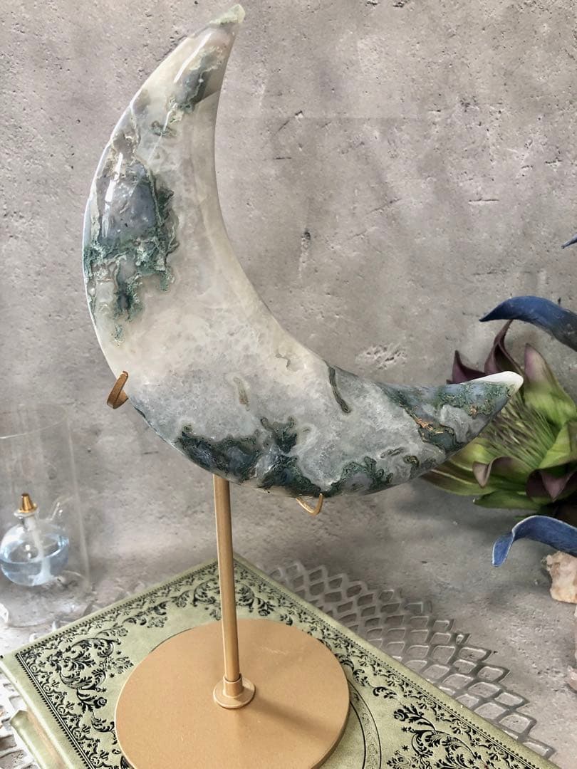 超ビッグ　モスアゲート　ビッグ　ムーン　月　スタンド付き　ジオードあり