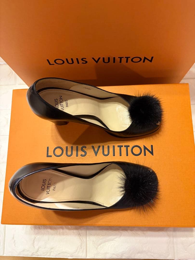 #LOUIS VUITTON ブラック レザーファー装飾ハイヒール#24.5cm