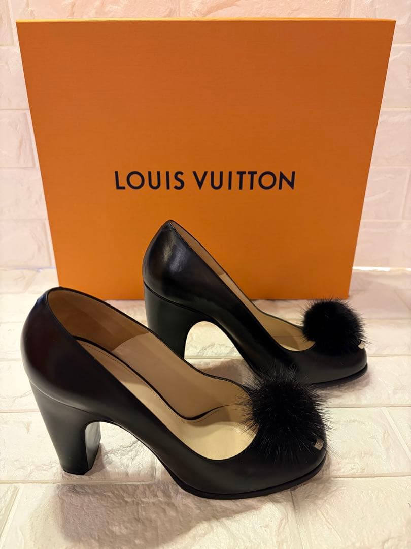 #LOUIS VUITTON ブラック レザーファー装飾ハイヒール#24.5cm