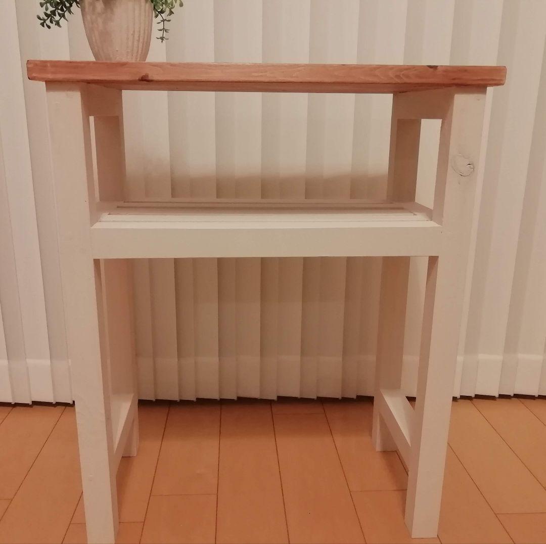 ハンドメイドテーブル/シェルフ/ホワイト【送付込み】