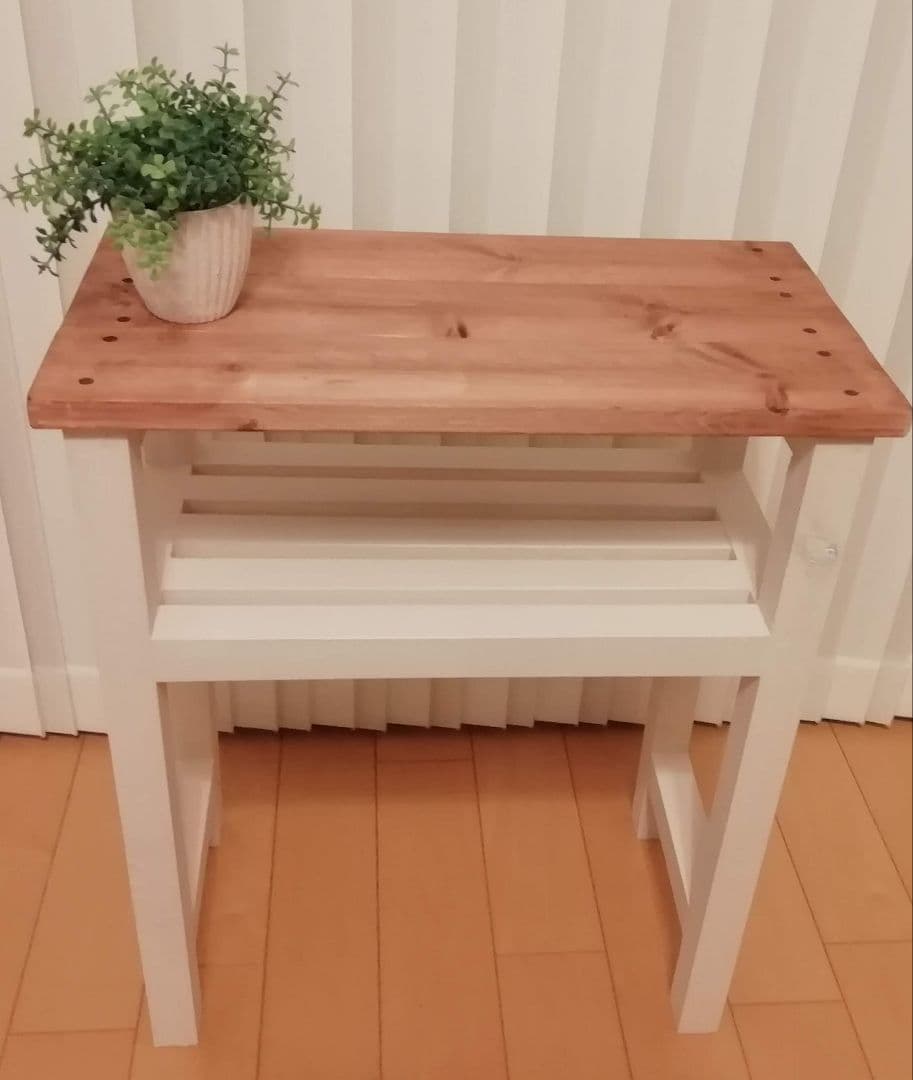 ハンドメイドテーブル/シェルフ/ホワイト【送付込み】