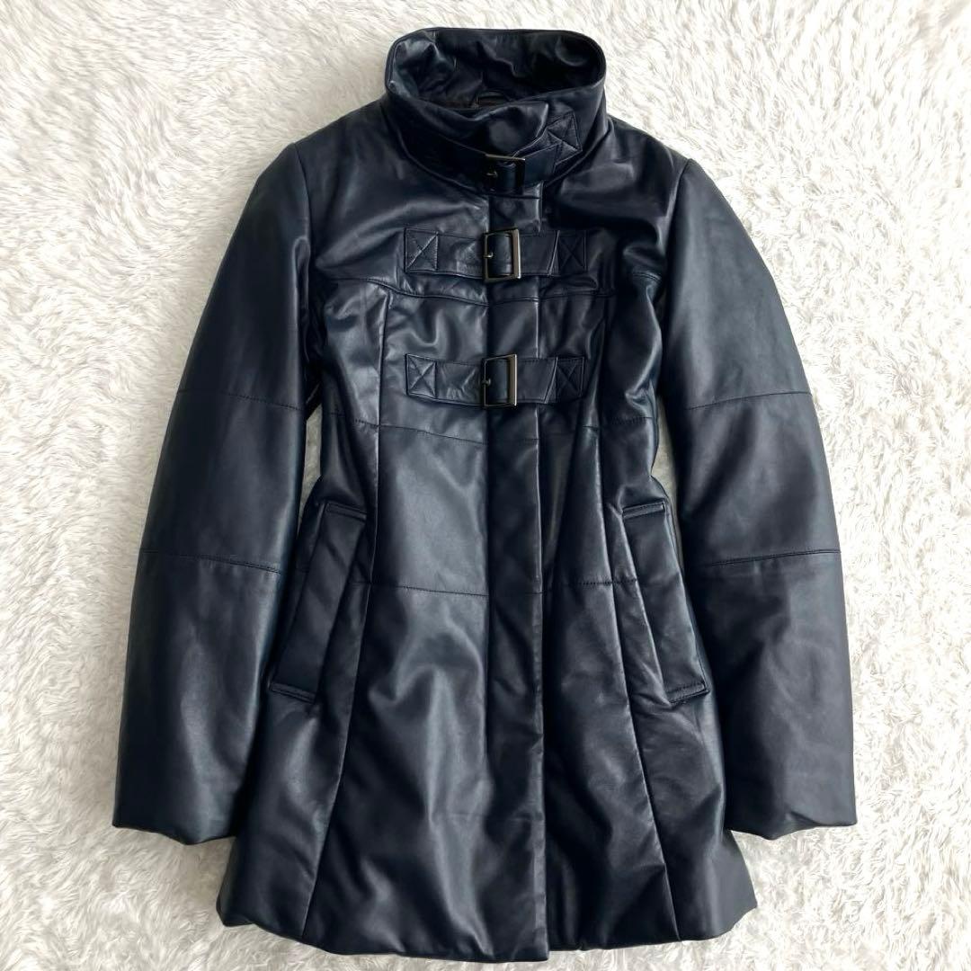 【美品】BALMAIN 高級ラムレザー　パデッドコート　ダークネイビー