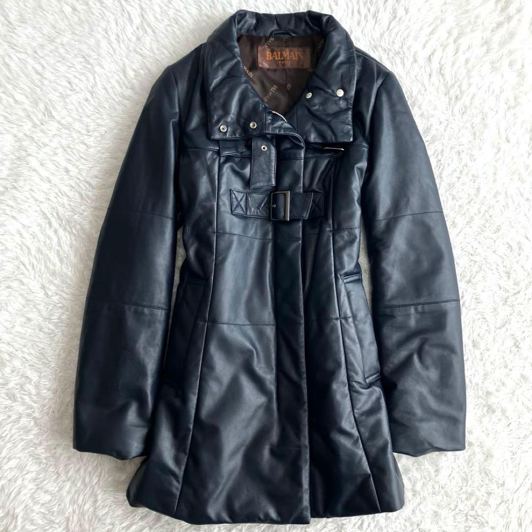 【美品】BALMAIN 高級ラムレザー　パデッドコート　ダークネイビー