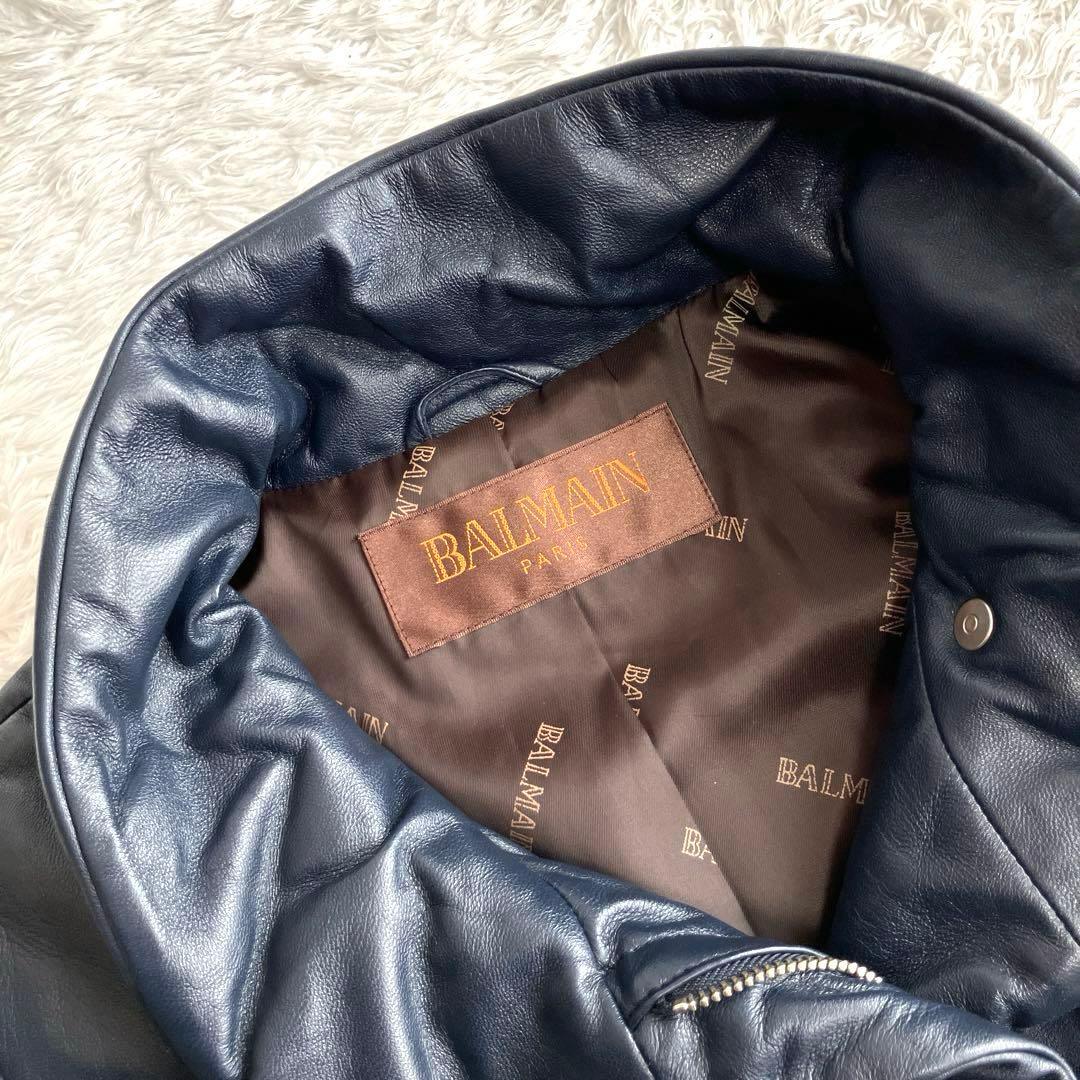 【美品】BALMAIN 高級ラムレザー　パデッドコート　ダークネイビー