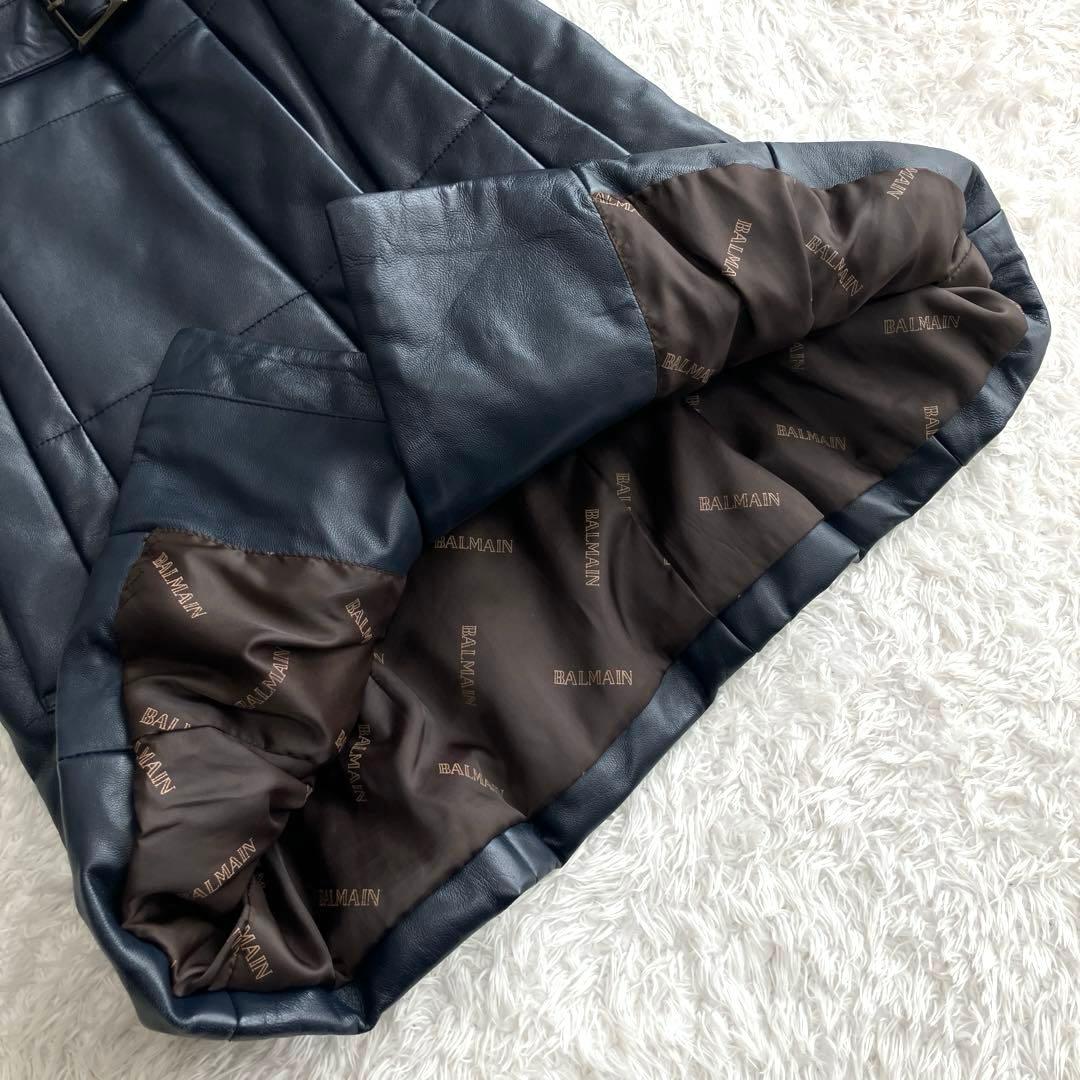 【美品】BALMAIN 高級ラムレザー　パデッドコート　ダークネイビー