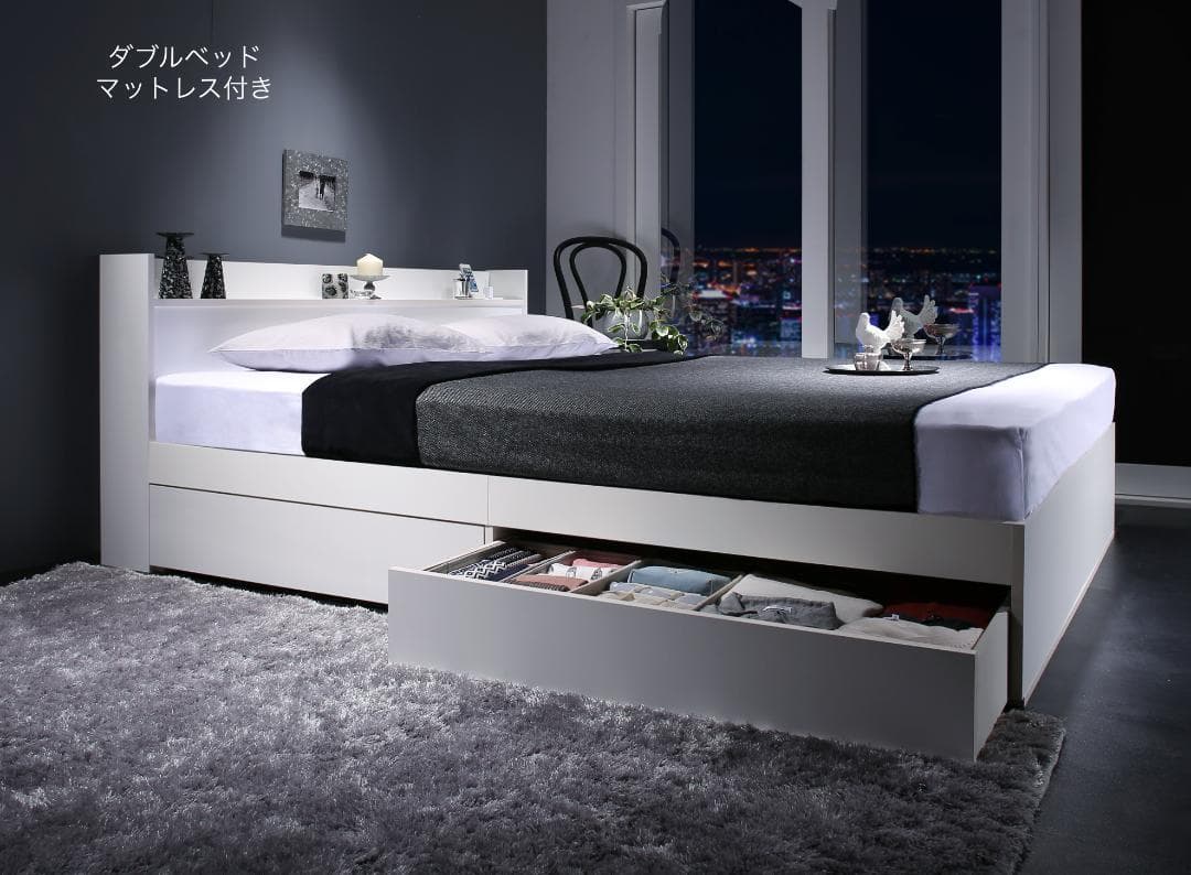 新品 送料込 ダブルベッド 収納 棚 2口コンセント マットレス付 db