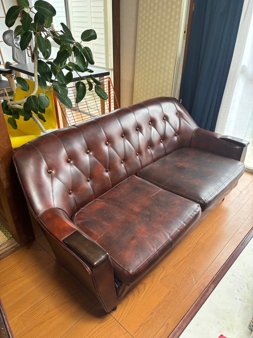 昭和レトロ 2人掛けソファ 合皮 ブラウン アンティーク風