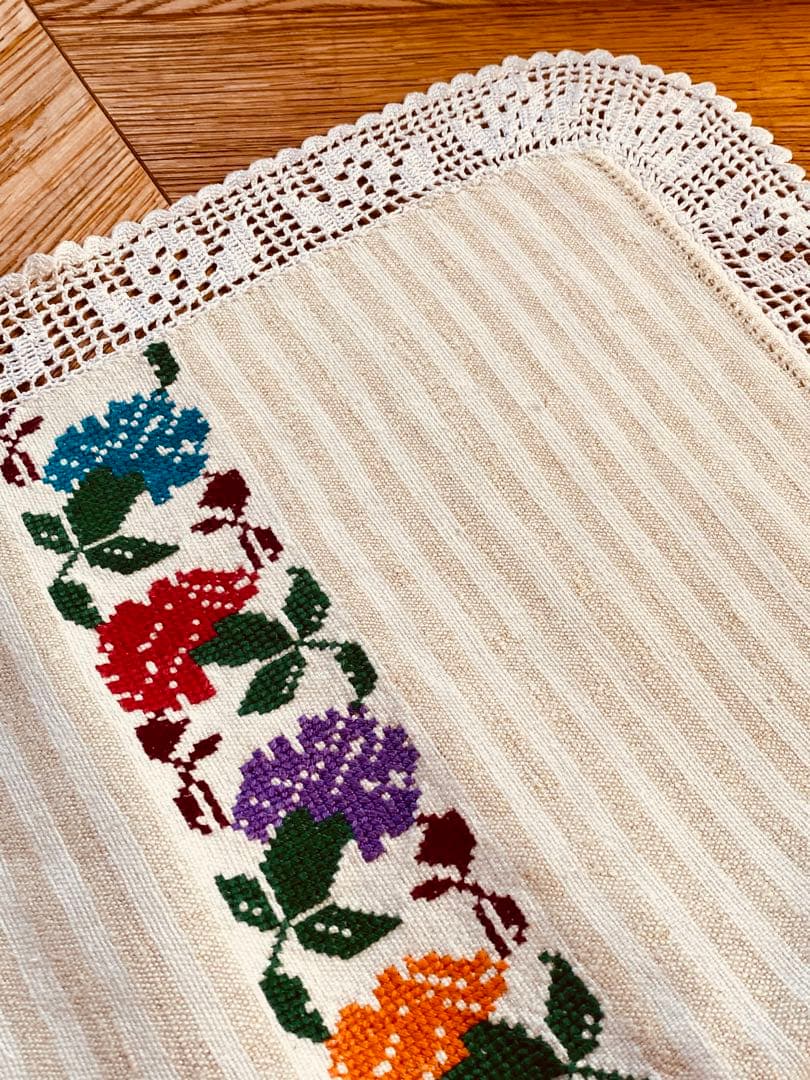 フランスアンティーク クロスステッチ コットンリネン ボーダー マルチクロス