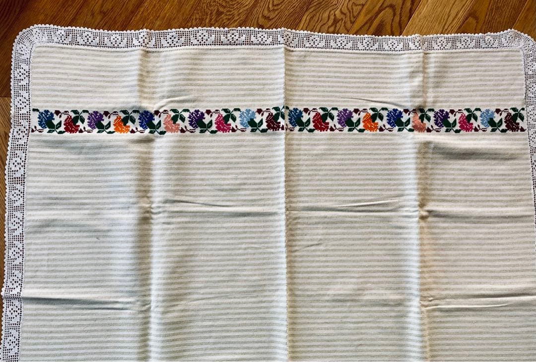 フランスアンティーク クロスステッチ コットンリネン ボーダー マルチクロス