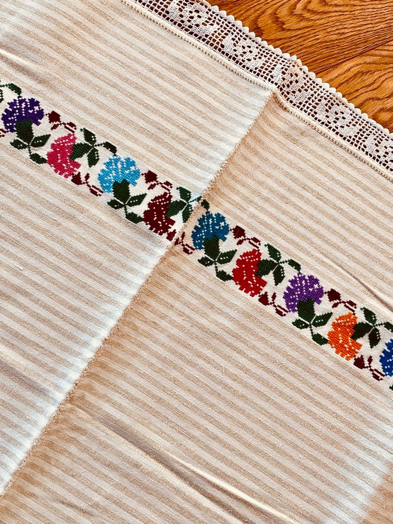 フランスアンティーク クロスステッチ コットンリネン ボーダー マルチクロス