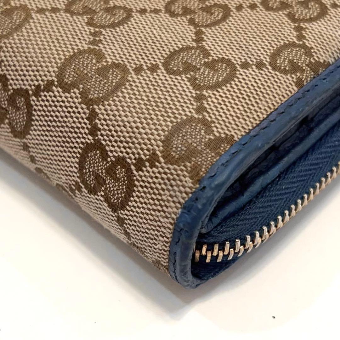 グッチ 折り財布 GGキャンバス GG ラウンドファスナー コンパクト ブルー