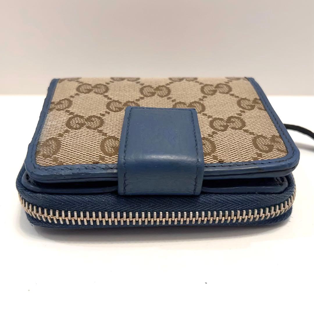 グッチ 折り財布 GGキャンバス GG ラウンドファスナー コンパクト ブルー