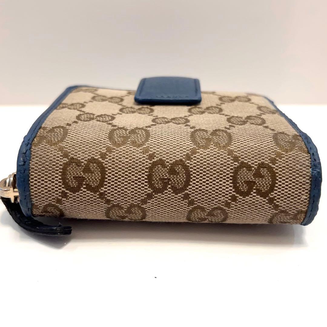 グッチ 折り財布 GGキャンバス GG ラウンドファスナー コンパクト ブルー