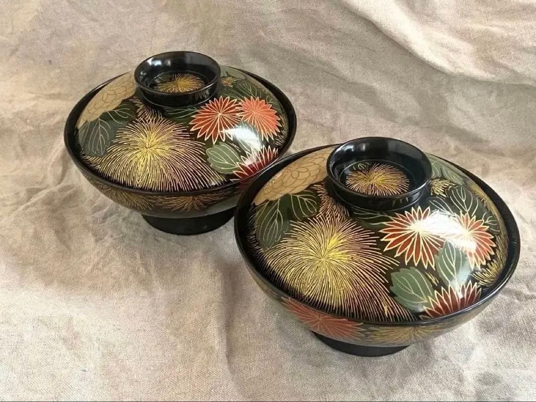 輪島塗 菊詰沈金花蒔絵 蓋付椀 2客 / 懐石椀・吸物椀・雑煮椀