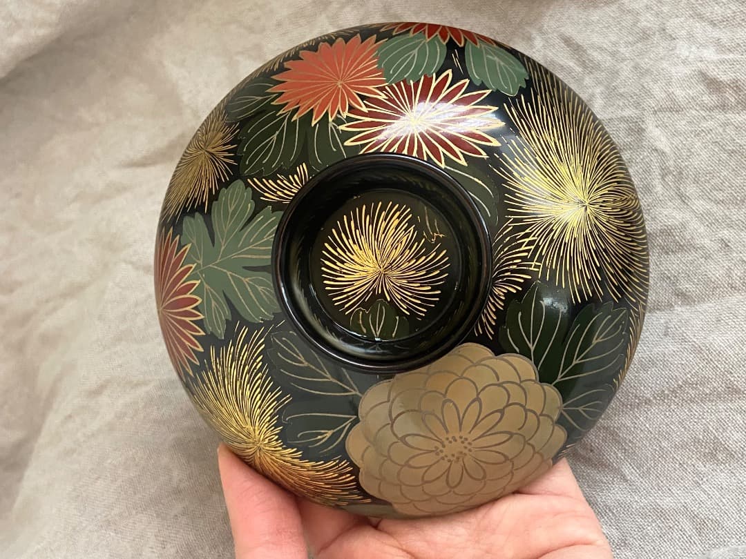 輪島塗 菊詰沈金花蒔絵 蓋付椀 2客 / 懐石椀・吸物椀・雑煮椀